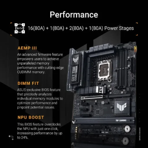 ASUS TUF Gaming Z890-PLUS WiFi Motherboard - ATX - Intel Z890 Chipset - Supports Intel Core Ultra Processors (LGA 1851) - DDR5 - PCIe 5.0 - USB4 - Front USB 20Gbps - 4x M.2 Slots - Wi-Fi 7 - Intel 2.5Gb LAN - Image 2