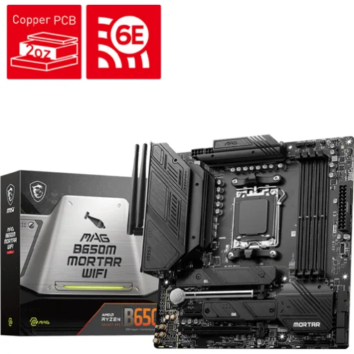 MSI MAG B650M MORTAR WIFI Micro-ATX Motherboard | AM5 Socket | Supports AMD Ryzen 7000 Series | 12 Duet Rail 80A VRM | DDR5 6400+MHz (OC) | 2 x PCIe 4.0 x16 | 2 x M.2 Gen4 Slots